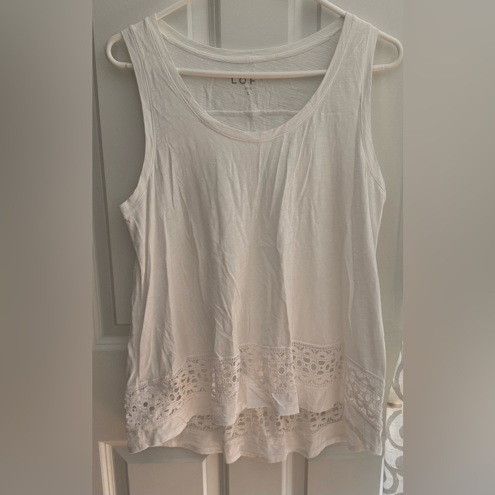 LOFT | White Tank Top | Crocheted Lace Hem | Size Large